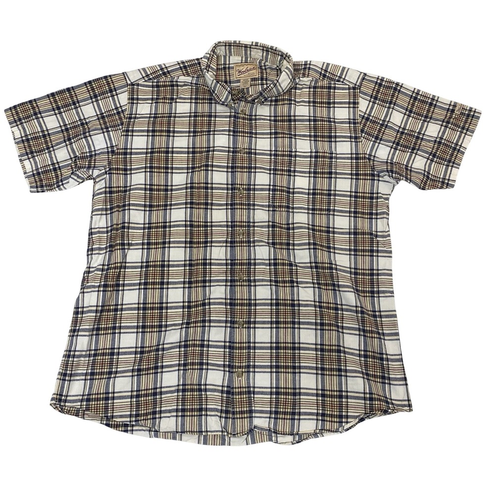 Woolrich Plaid Shirt Mens XL Long Beige Blue Short Sleeve Button Up